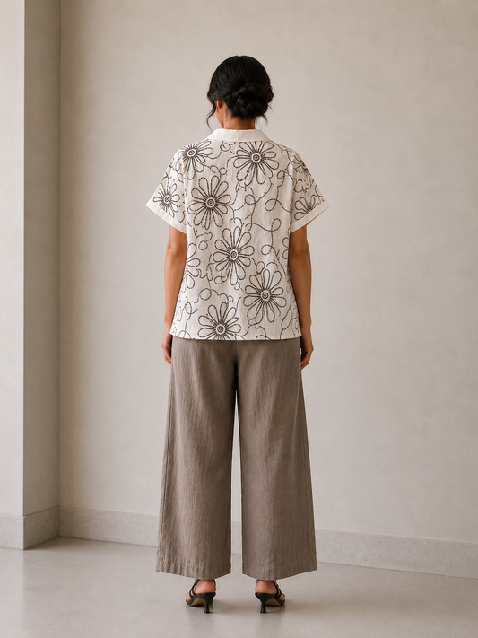 Opn Fold ivory cotton-linen T-shirt, back view with floral cord embroidery