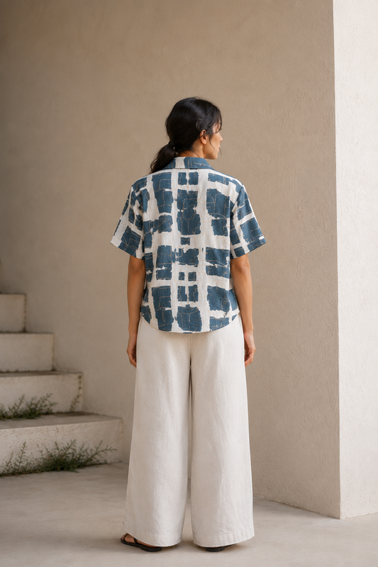 Teal Abstract Print Collared T-Shirt with Cord Embroidery