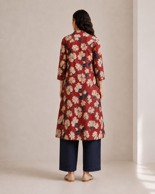 Maroon Floral Printed Silk Kurta with Box Pleat