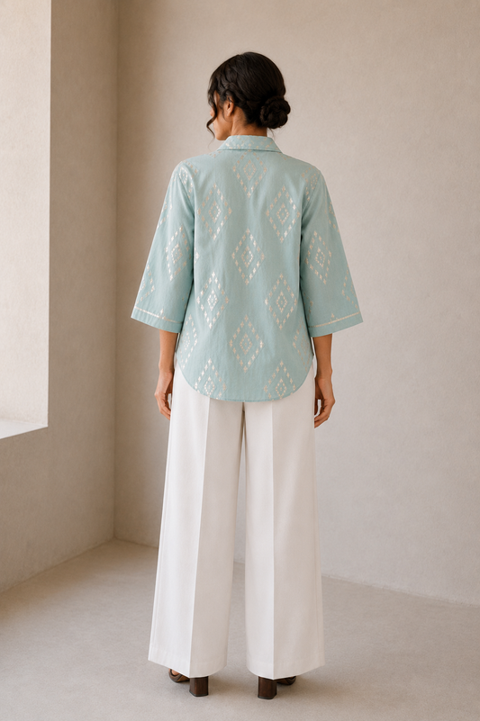 Mint Shirt with Diamond Metallic Embroidery
