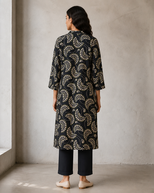 Opn Fold black geometric print silk kurta, back view showing box pleat detail