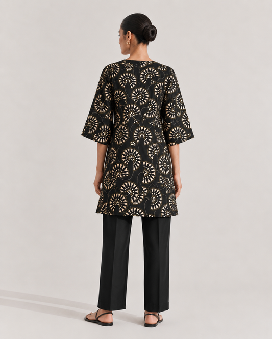 Black Geometric Printed Silk Short Kurta