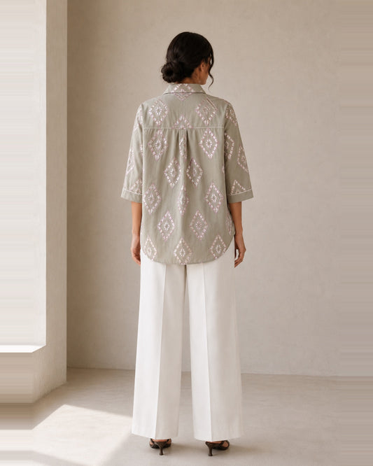 muted olive green shirt with embroidered diamond metallic detail, back view, Opn Fold