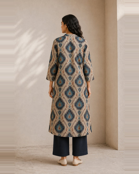 Taupe Ikat Print Silk Kurta with Box Pleat