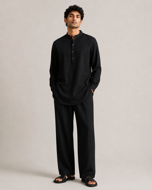 Opn Fold black mandarin collar kurta, front view showing placket and collar detail