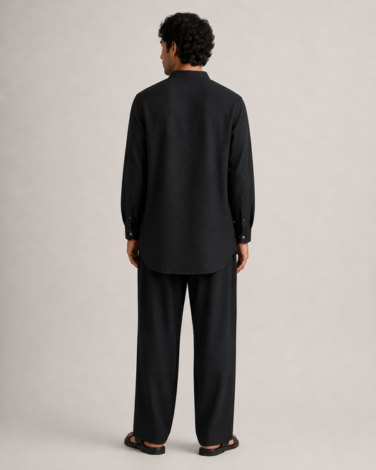 Opn Fold black mandarin collar kurta, back view styled with matching trousers