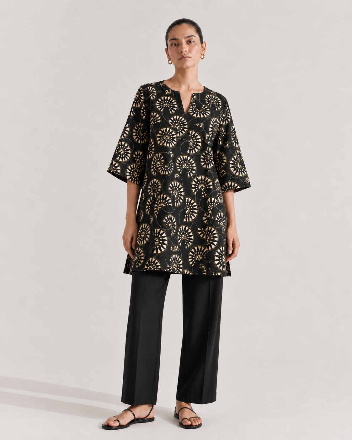 Black Geometric Printed Silk Short Kurta