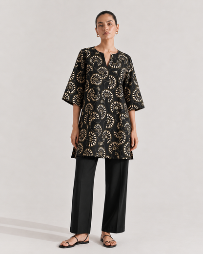 Black Geometric Printed Silk Short Kurta