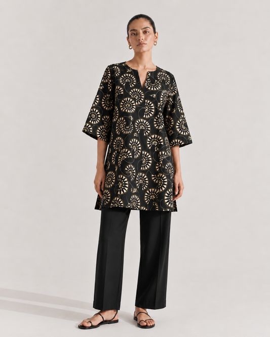 Black Geometric Printed Silk Short Kurta