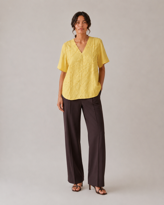 Opn Fold butter yellow Nysa silk T-shirt, front view with pin tuck texture