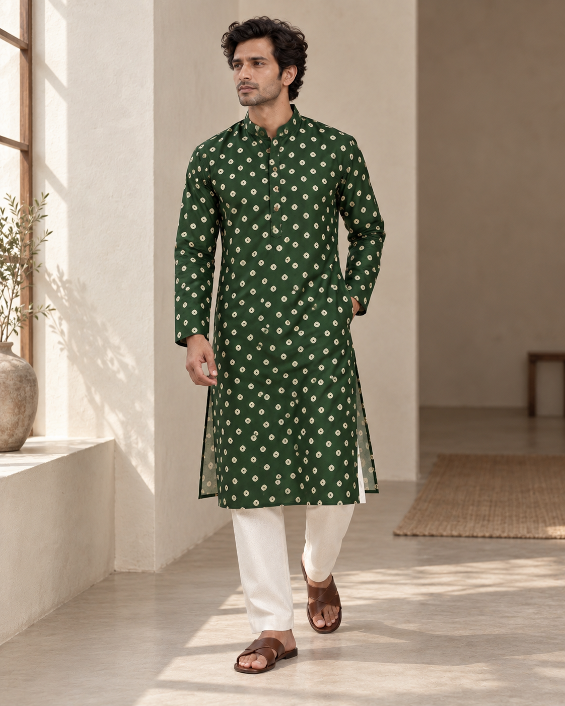 Bottle Green Long Mandarin Collar Kurta