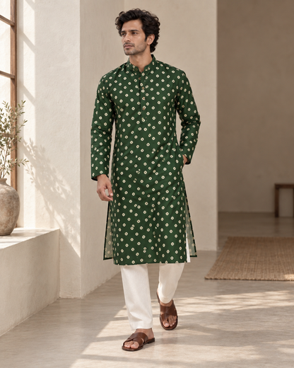 Bottle Green Long Mandarin Collar Kurta