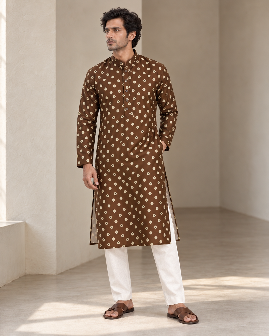 Chocolate Brown Long Mandarin Collar Kurta