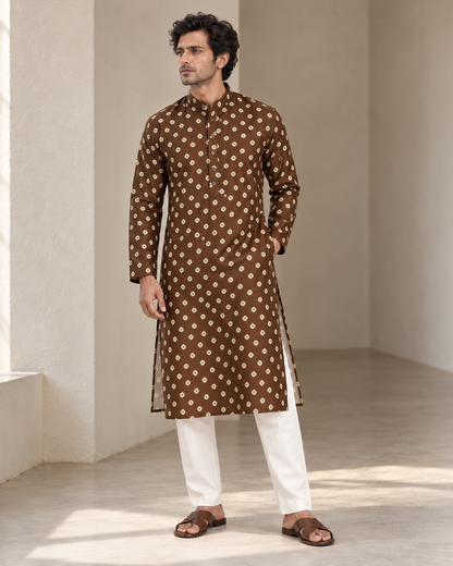 Chocolate Brown Long Mandarin Collar Kurta