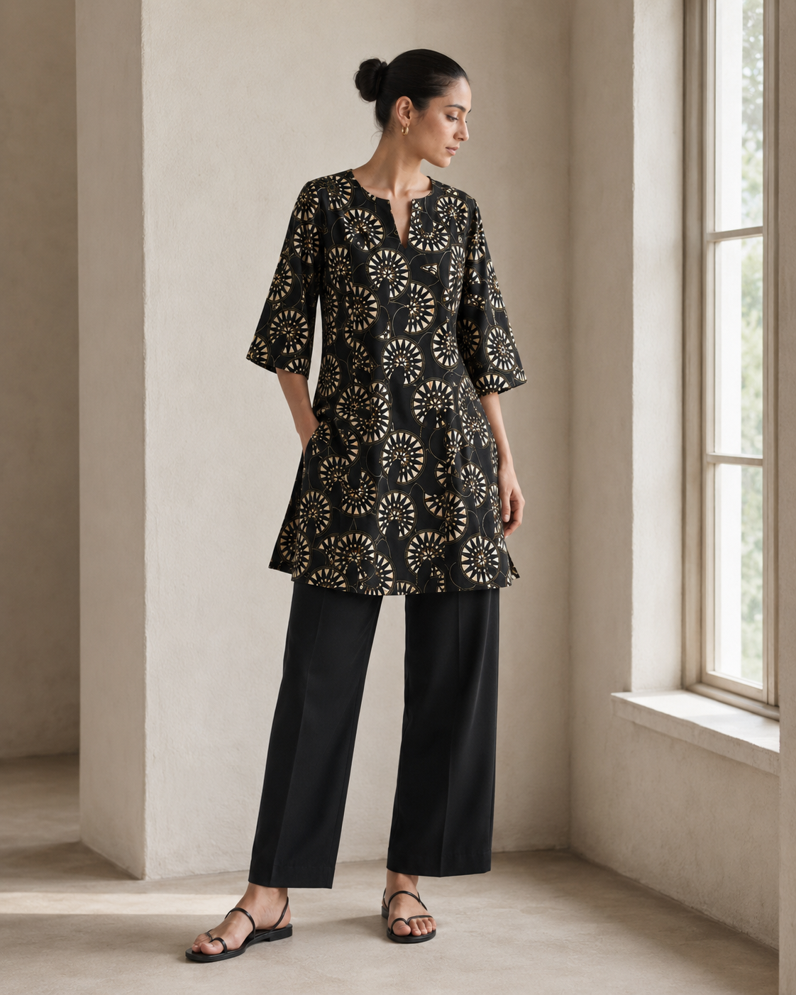 Black Geometric Printed Silk Short Kurta