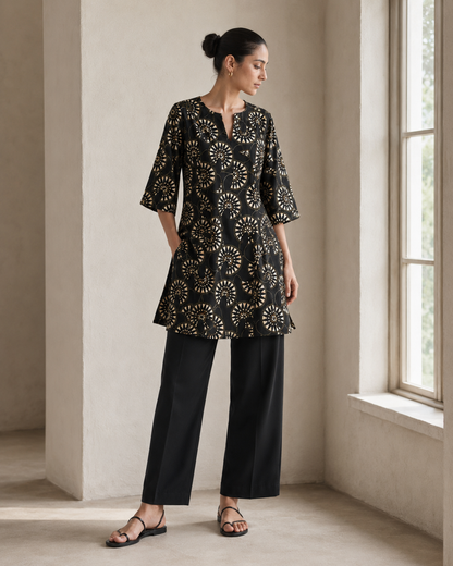 Black Geometric Printed Silk Short Kurta