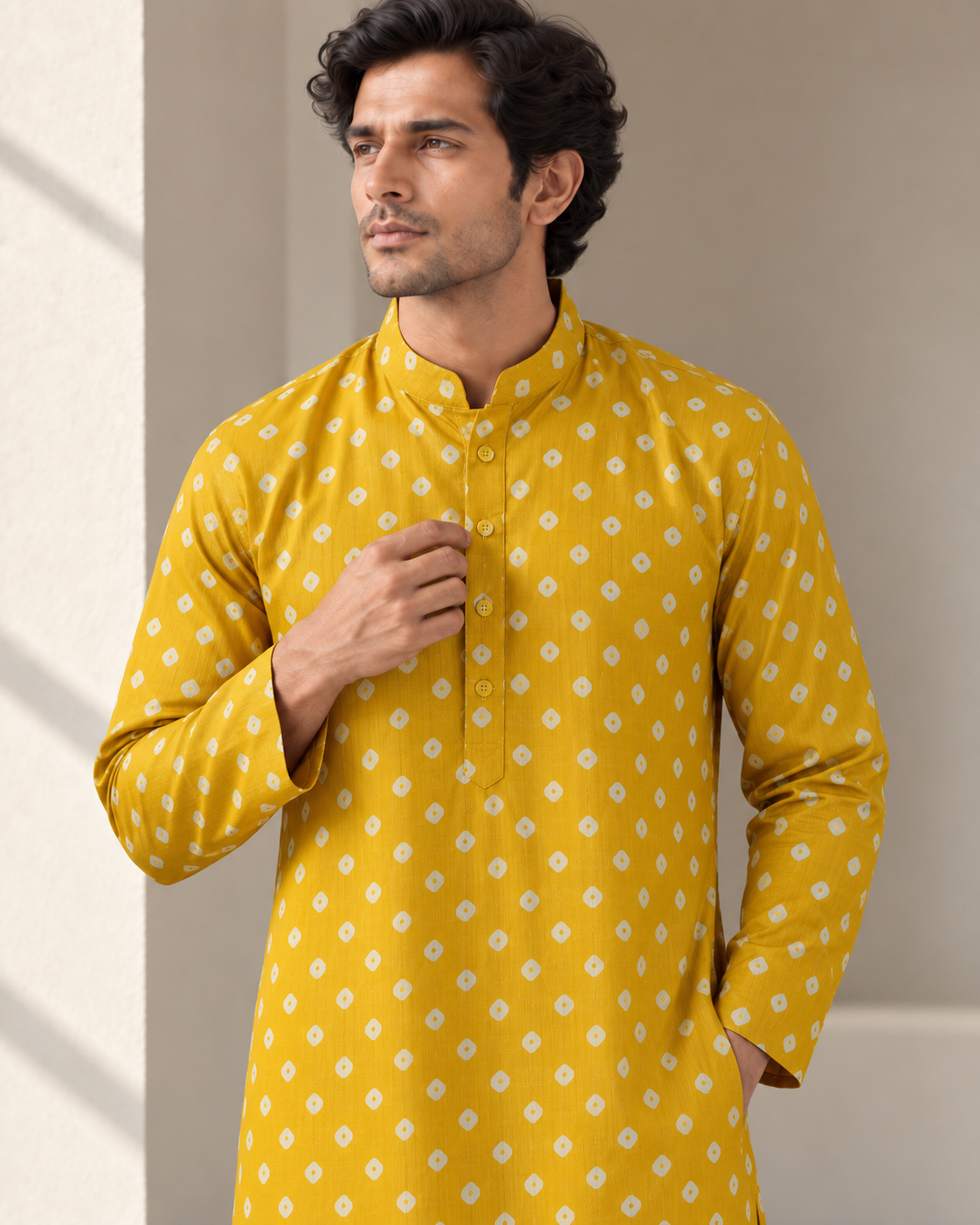 Mustard Long Mandarin Collar Kurta