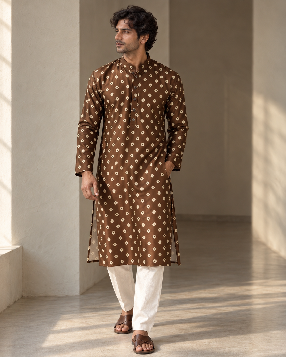 Chocolate Brown Long Mandarin Collar Kurta