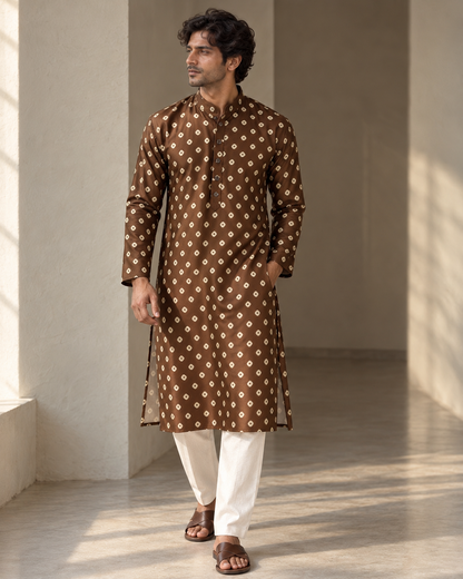 Chocolate Brown Long Mandarin Collar Kurta