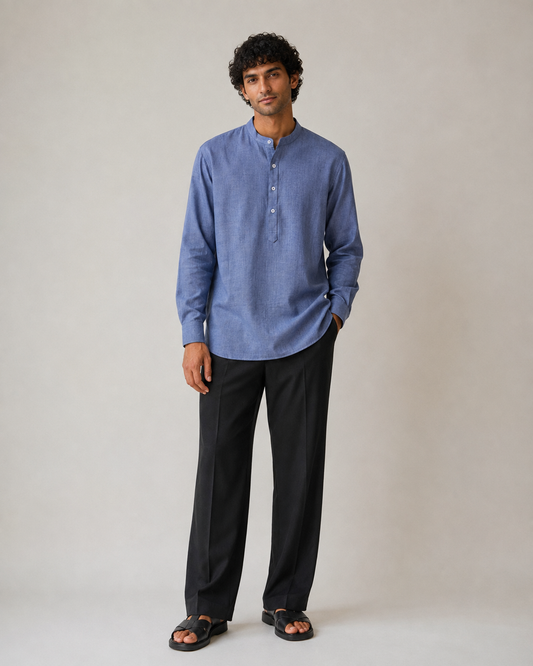 Blue Short Mandarin Collar Kurta
