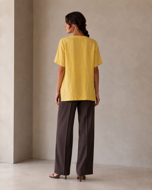 Opn Fold butter yellow Nysa silk T-shirt, back view with pin tuck texture