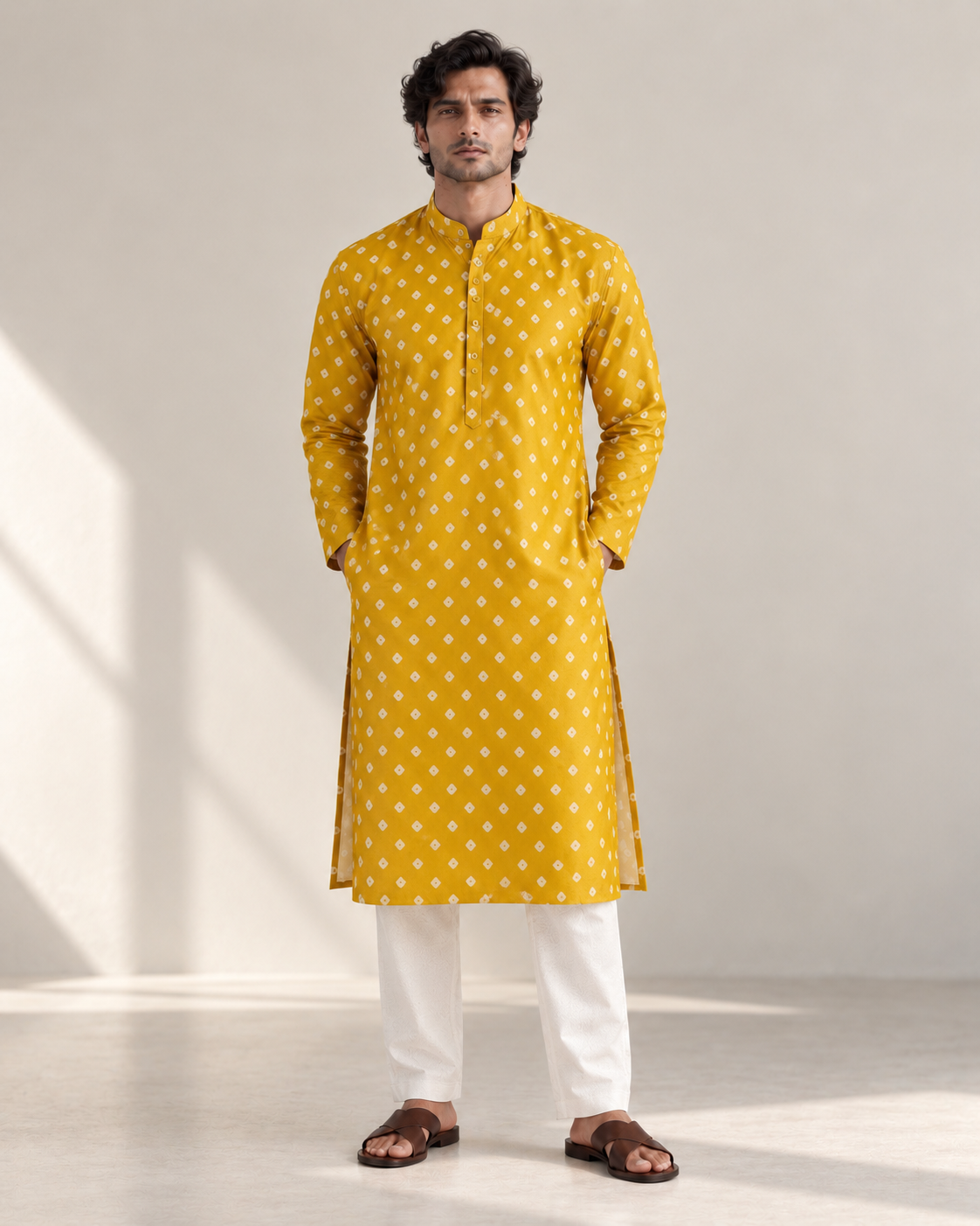 Mustard Long Mandarin Collar Kurta