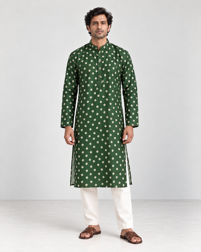 Bottle Green Long Mandarin Collar Kurta