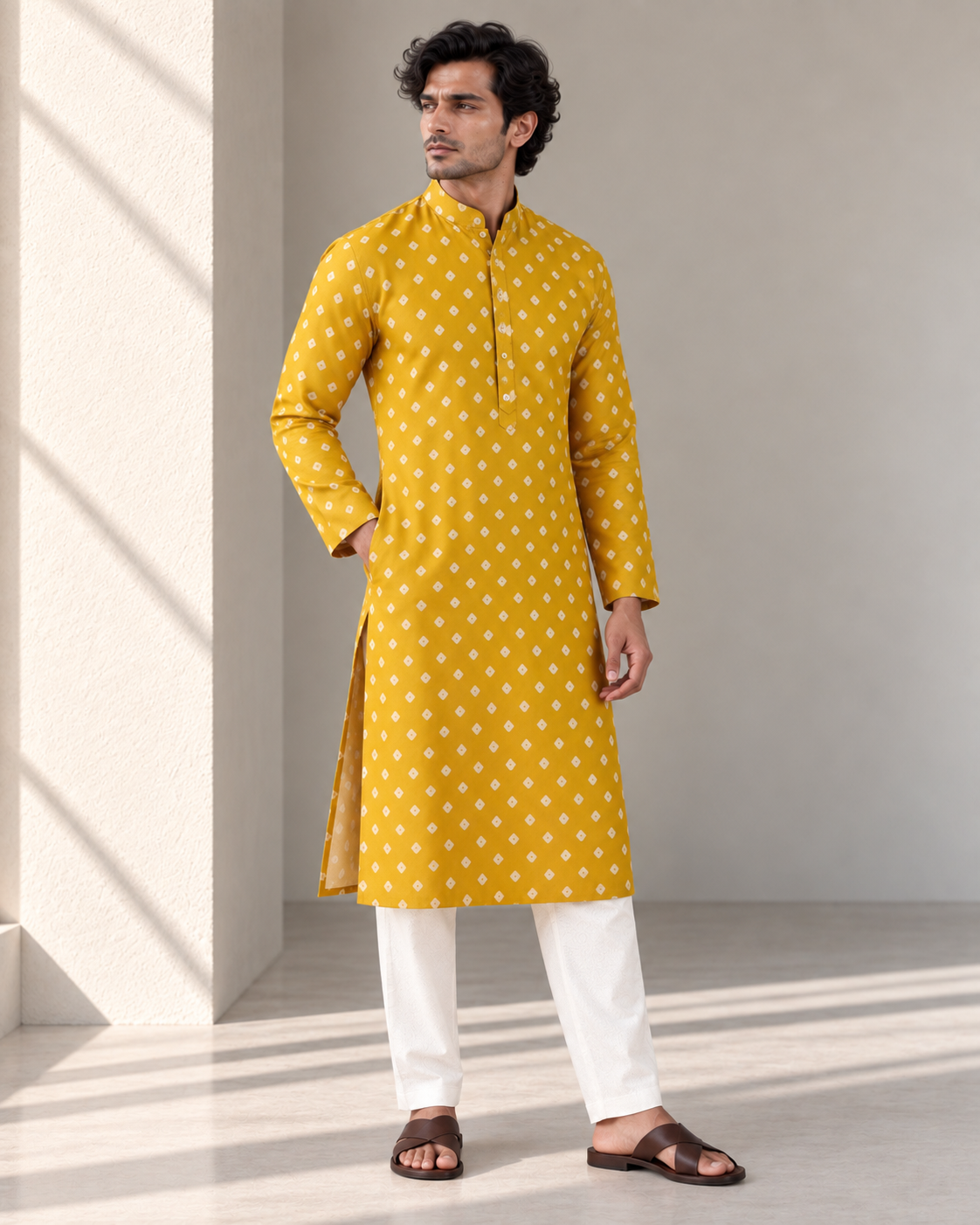 Mustard Long Mandarin Collar Kurta