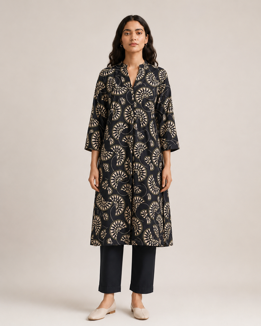Opn Fold black geometric print silk kurta, front view styled with black trousers