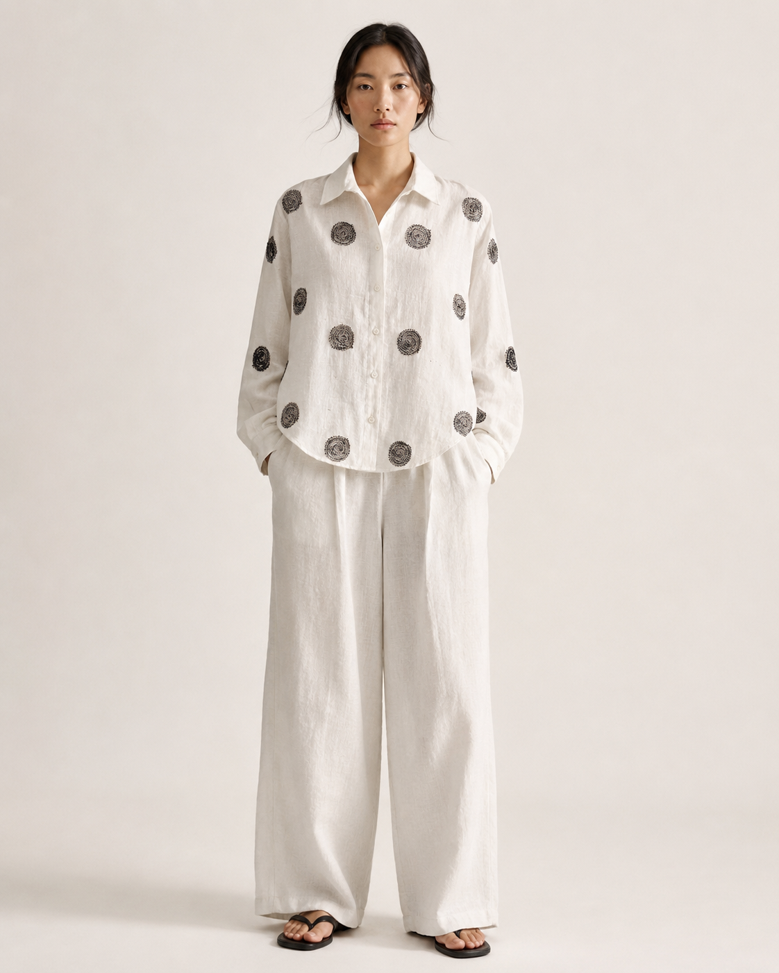 Opn Fold ivory cotton-linen shirt with scattered spiral embroidery, front view