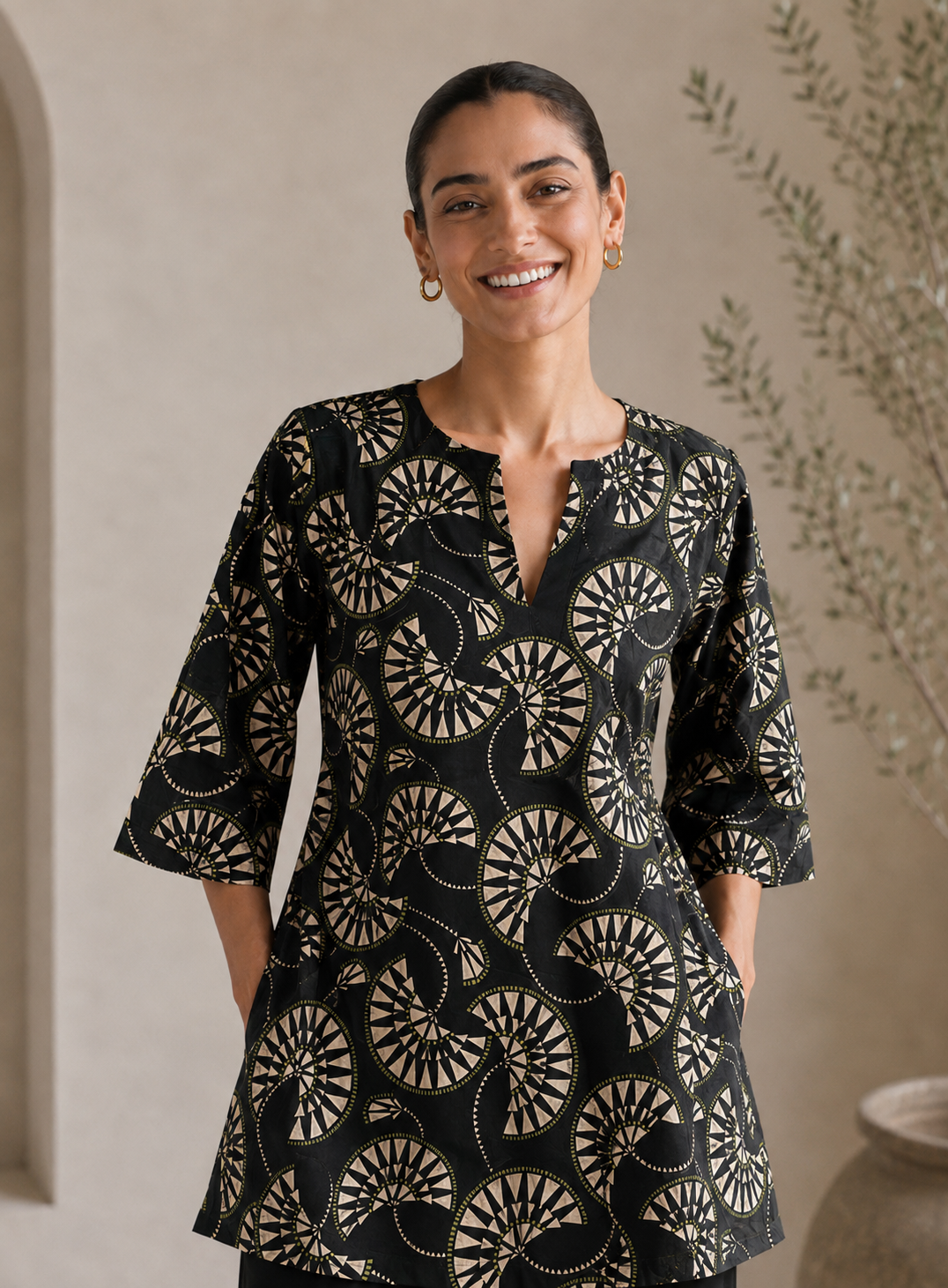 Black Geometric Printed Silk Short Kurta