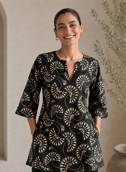 Black Geometric Printed Silk Short Kurta