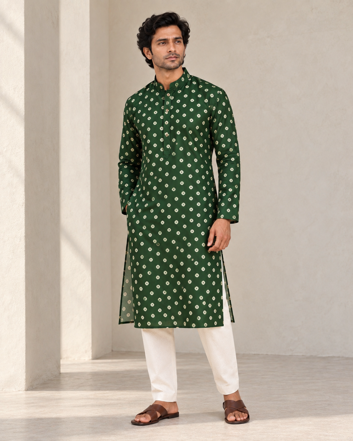Bottle Green Long Mandarin Collar Kurta