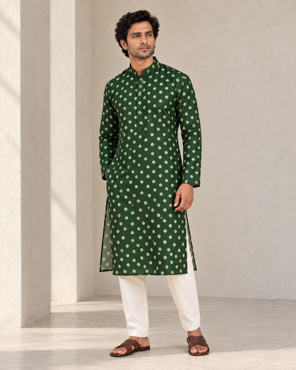 Bottle Green Long Mandarin Collar Kurta