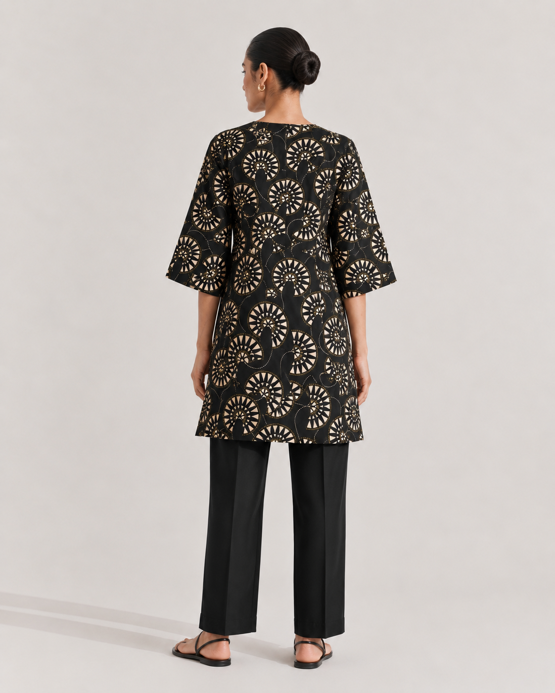 Black Geometric Printed Silk Short Kurta