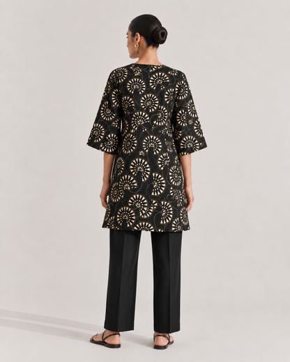 Black Geometric Printed Silk Short Kurta
