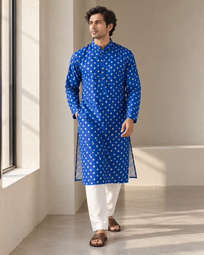 Cobalt Blue Long Mandarin Collar Kurta