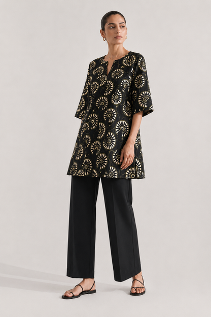 Black Geometric Printed Silk Short Kurta