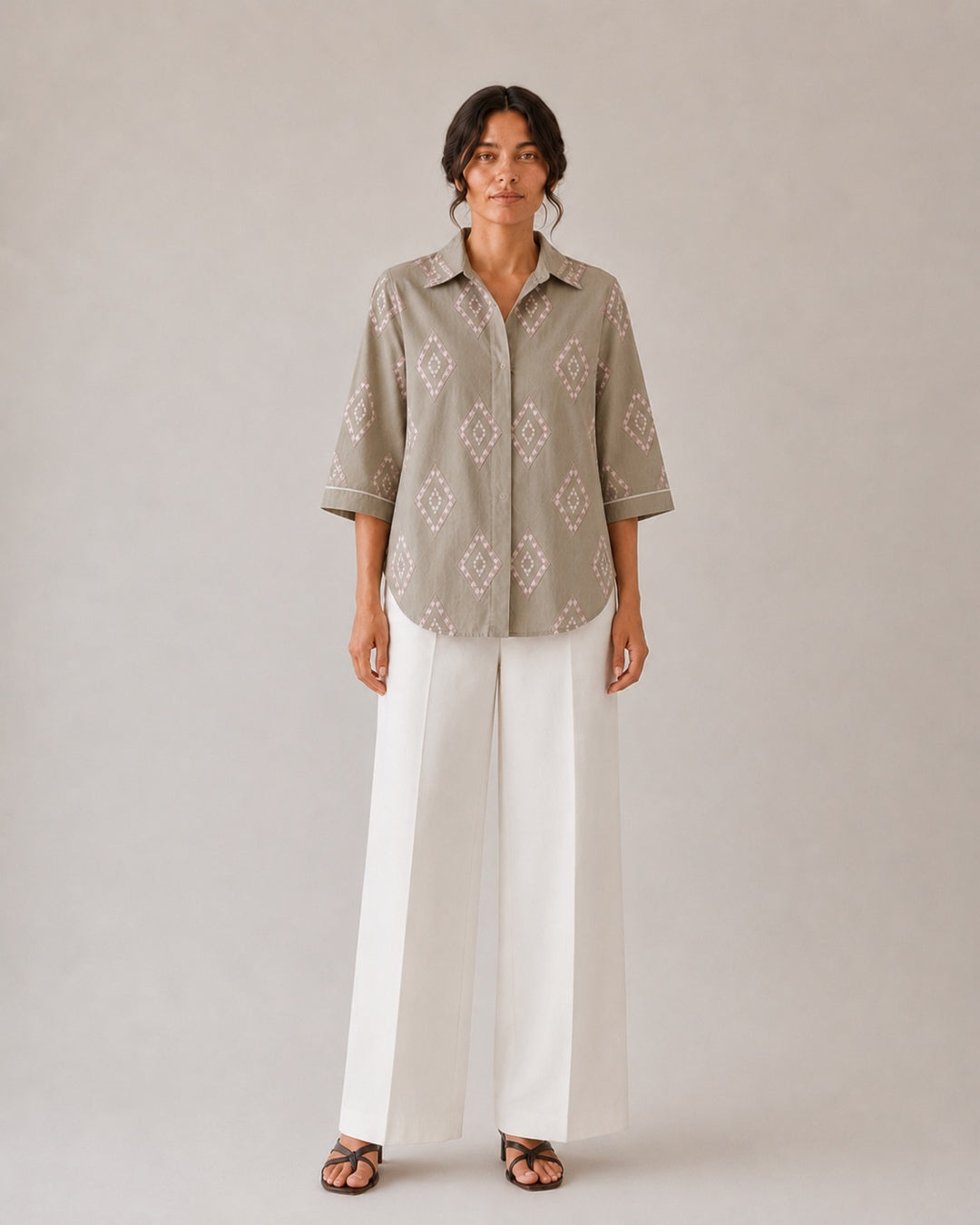 muted olive green shirt with embroidered diamond metallic detail, front view, Opn Fold